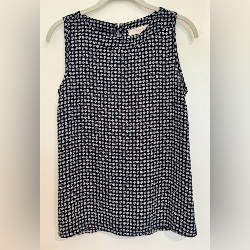 LOFT Navy and White Floral Print Sleeveless Blouse